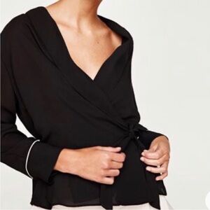 Zara Wrap Blouse Solid Black Long Sleeve Womens Size XS